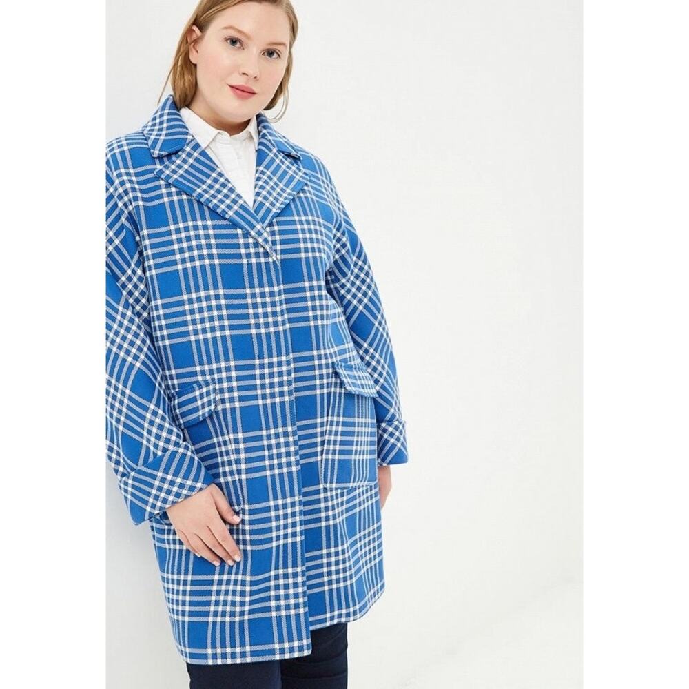 NWT Marina Rinaldi Blue & White Checked Overcoat US 16 Preppy Coastal Academia - Picture 2 of 12